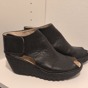 Fly London Black Peep-Toe Wedges